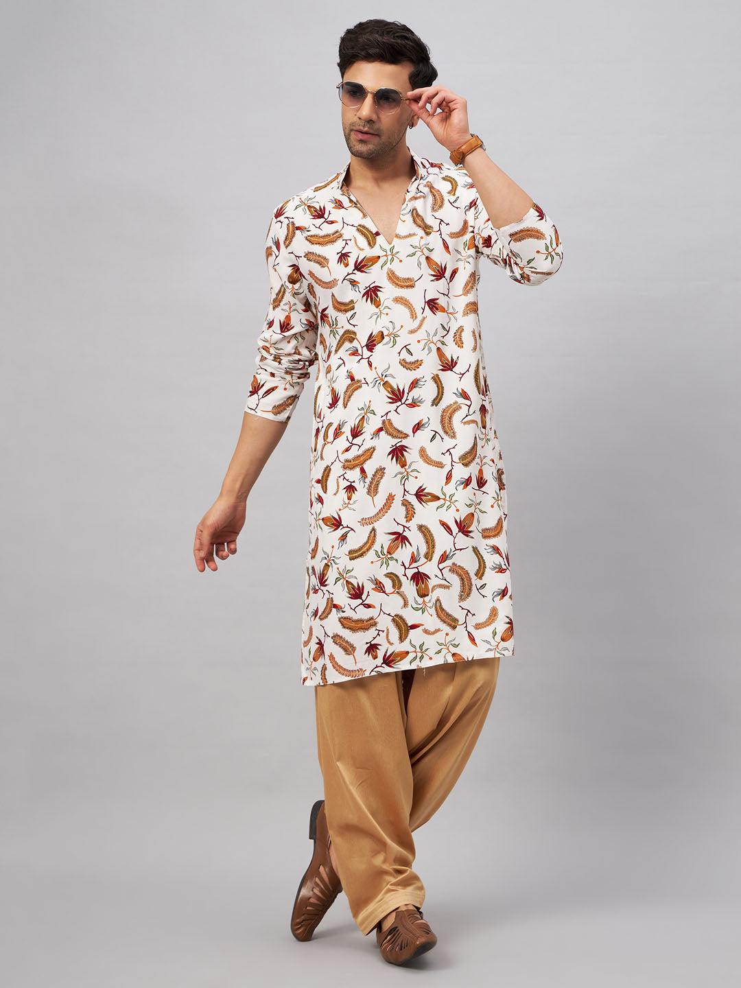 Men's White And Rose Gold Rayon Kurta and Patiala Set