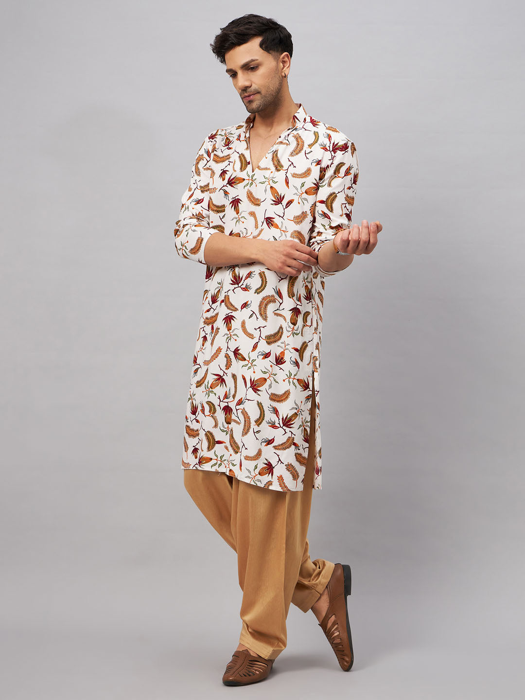 Men's White And Rose Gold Rayon Kurta and Patiala Set