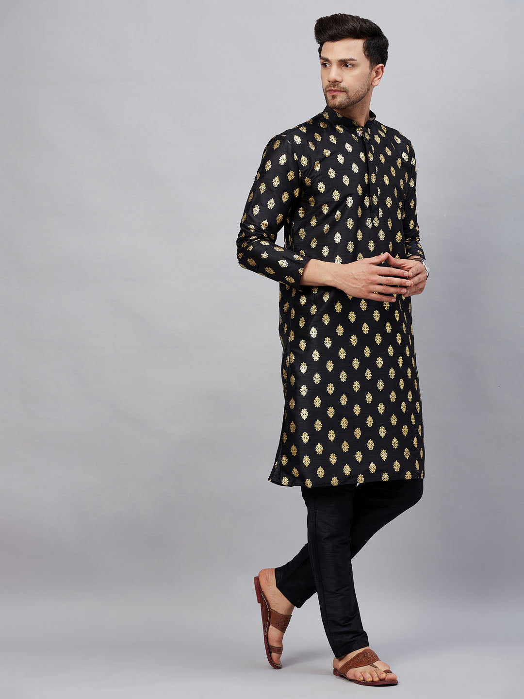 Men's Black Silk Blend Kurta Pyjama Set