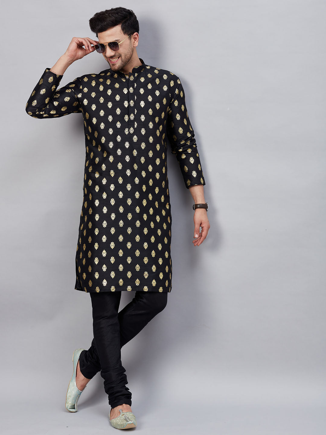 Men's Black Dupion Silk Kurta Pyjama Set