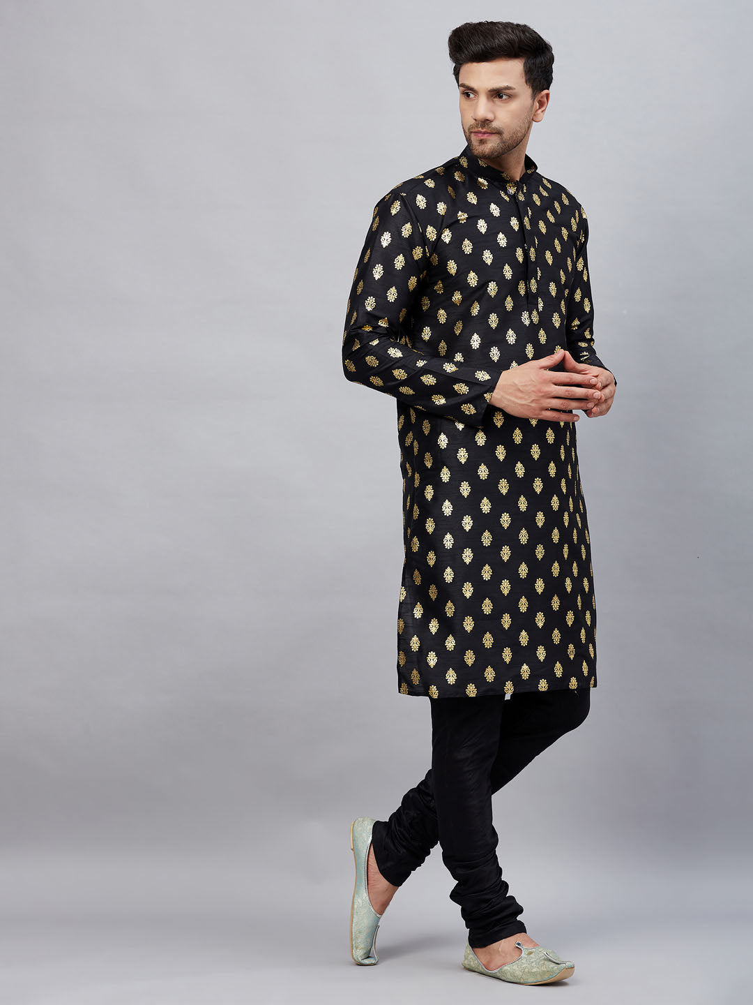 Men's Black Dupion Silk Kurta Pyjama Set