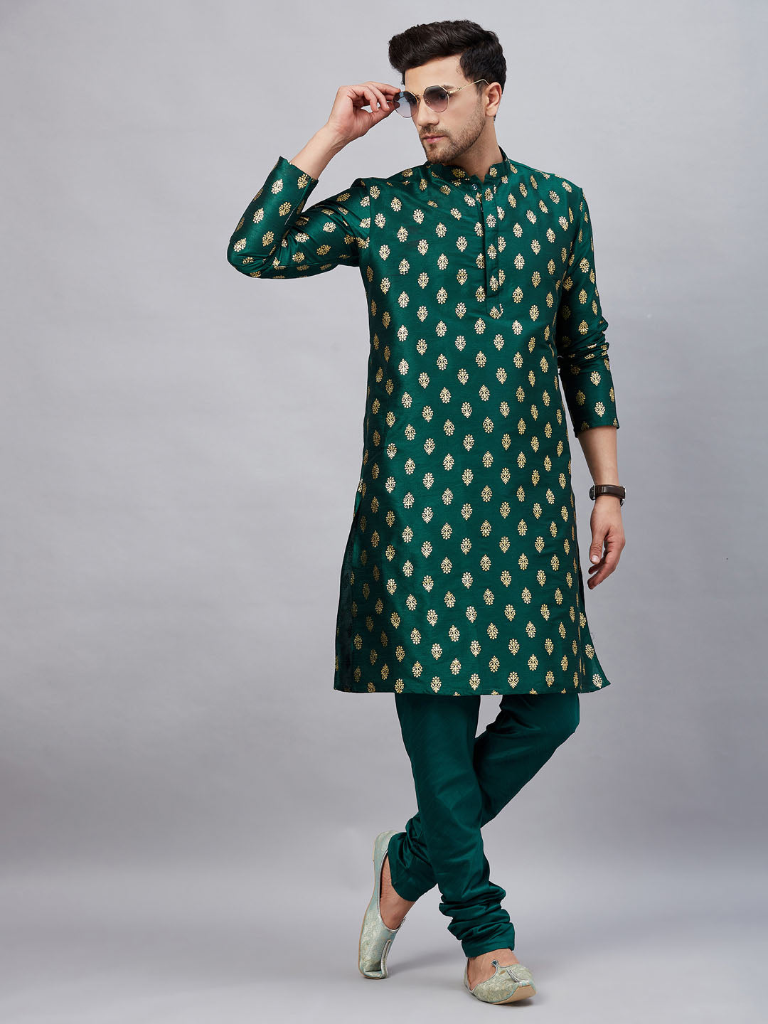 Men's Green Dupion Silk Kurta Pyjama Set