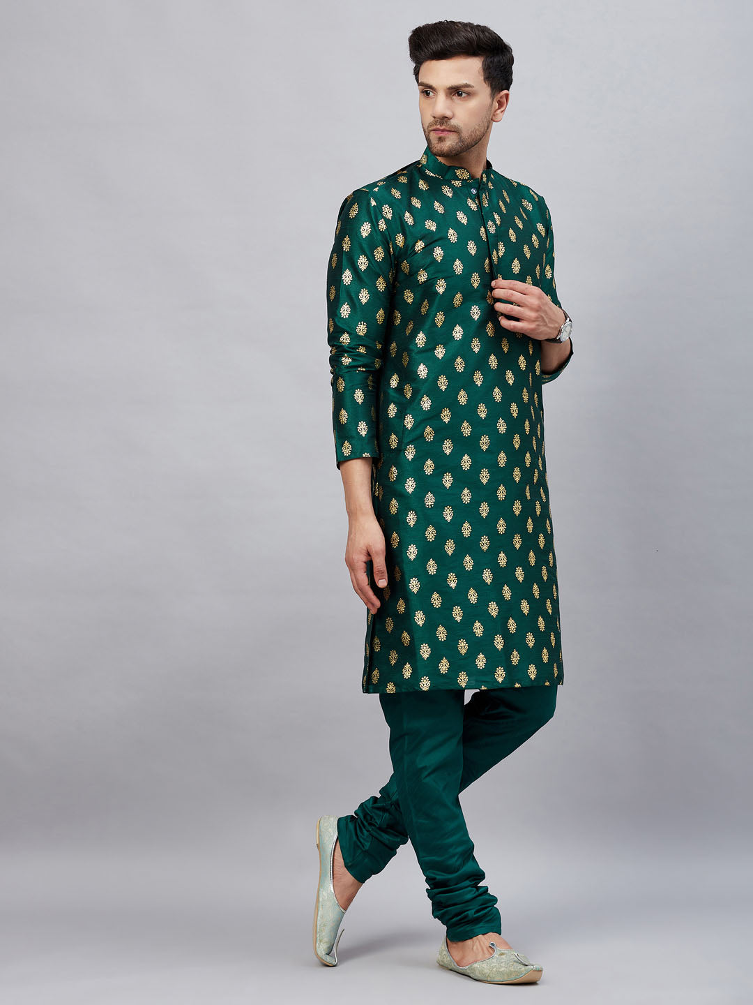 Men's Green Dupion Silk Kurta Pyjama Set