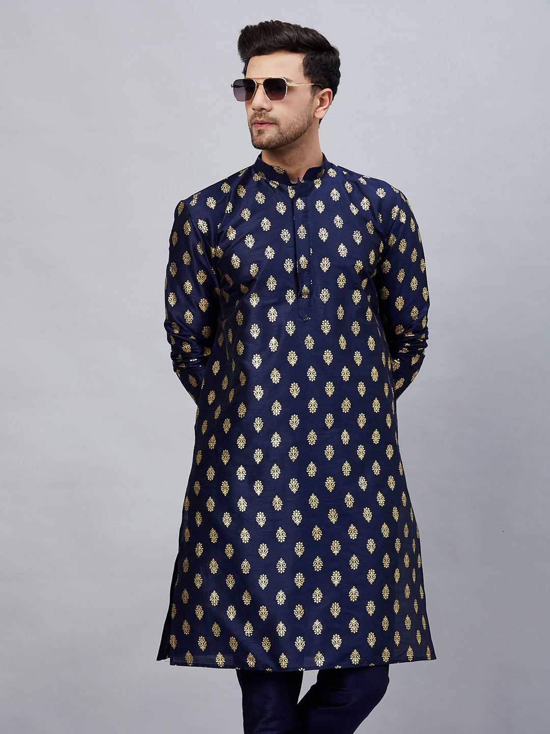 Men's Navy Blue Dupion Silk Kurta