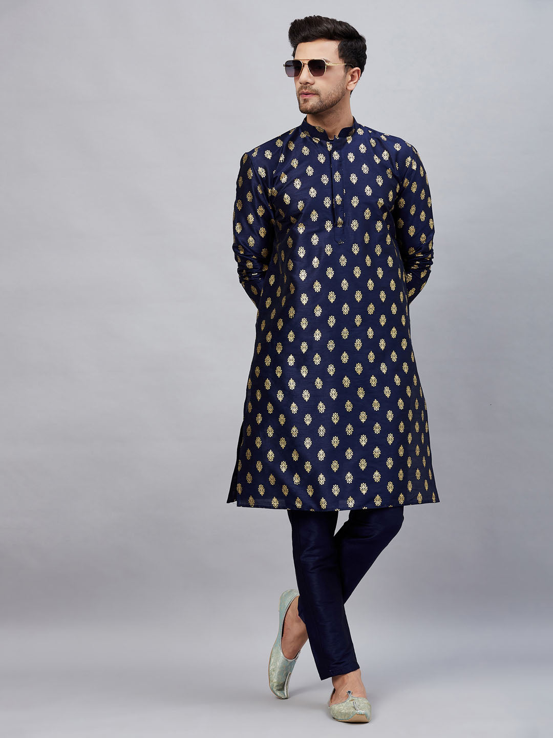 Men's Navy blue Silk Blend Kurta Pyjama Set