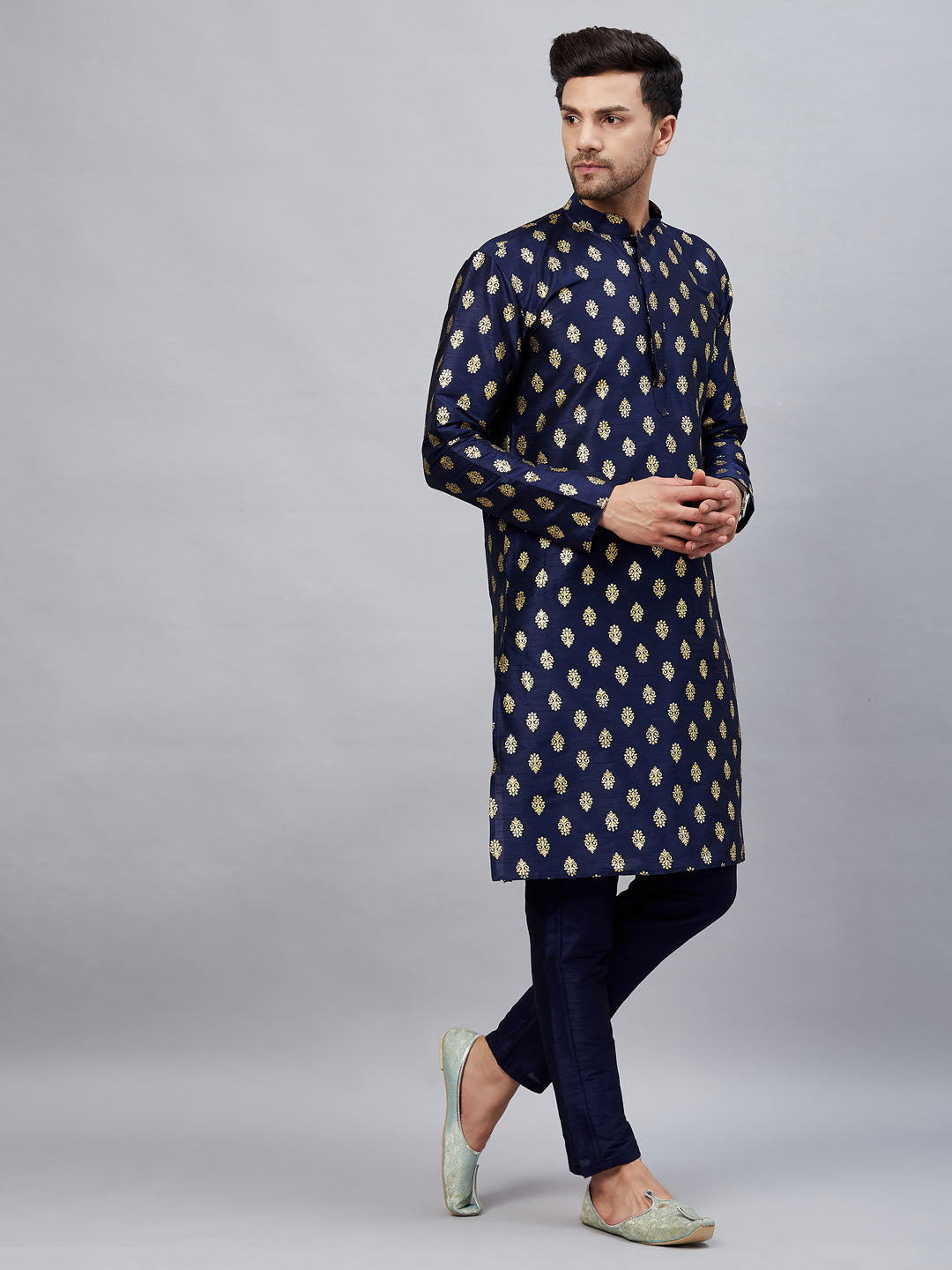 Men's Navy blue Silk Blend Kurta Pyjama Set