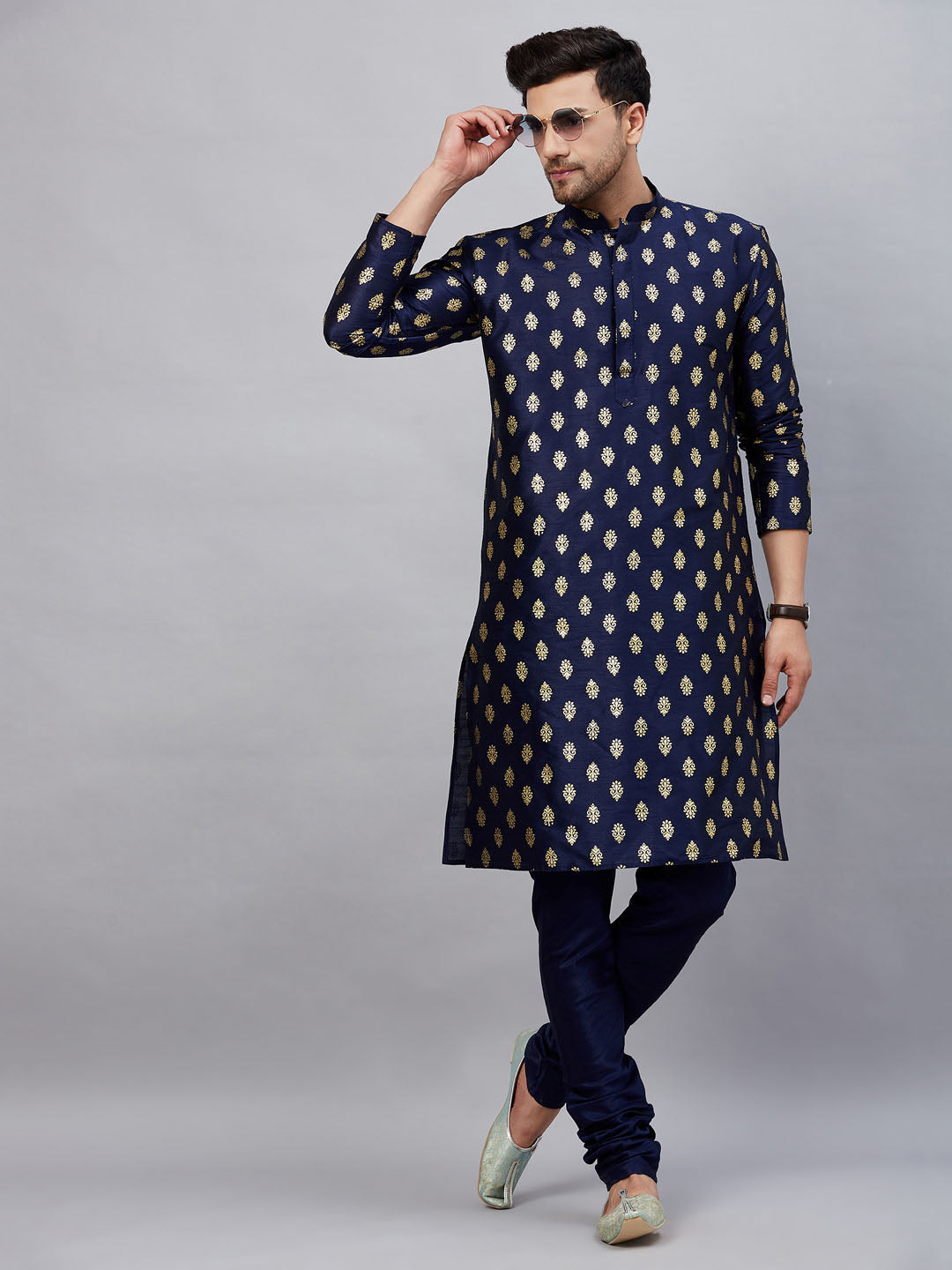 Men's Navy Blue Dupion Silk Kurta Pyjama Set