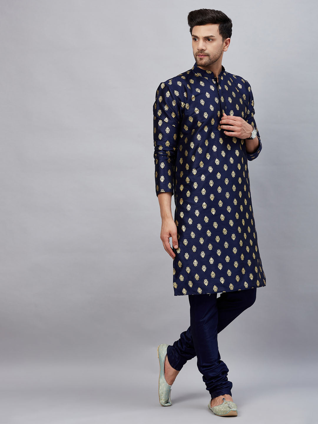 Men's Navy Blue Dupion Silk Kurta Pyjama Set