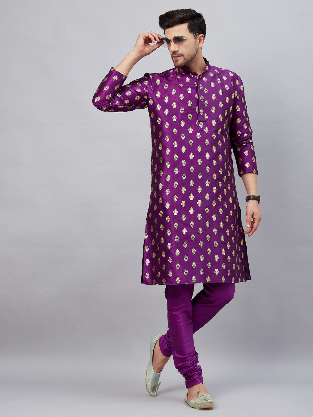 Men's Purple Silk Blend Kurta Pyjama Set