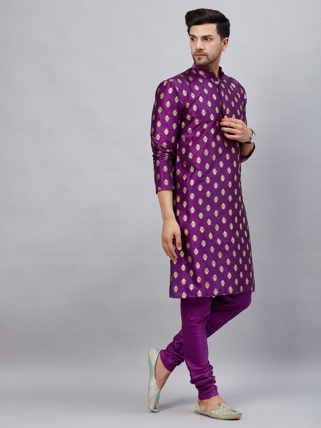 Men's Purple Silk Blend Kurta Pyjama Set