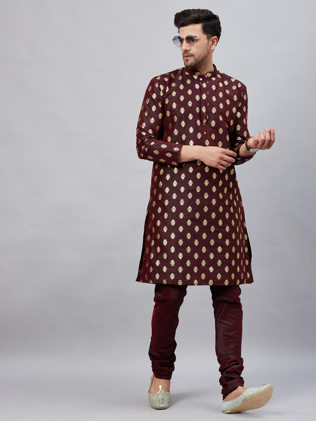 Men's Wine Dupion Silk Kurta Pyjama Set