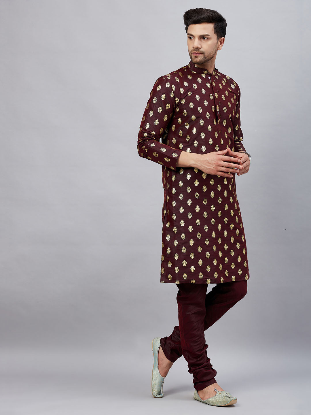 Men's Wine Dupion Silk Kurta Pyjama Set