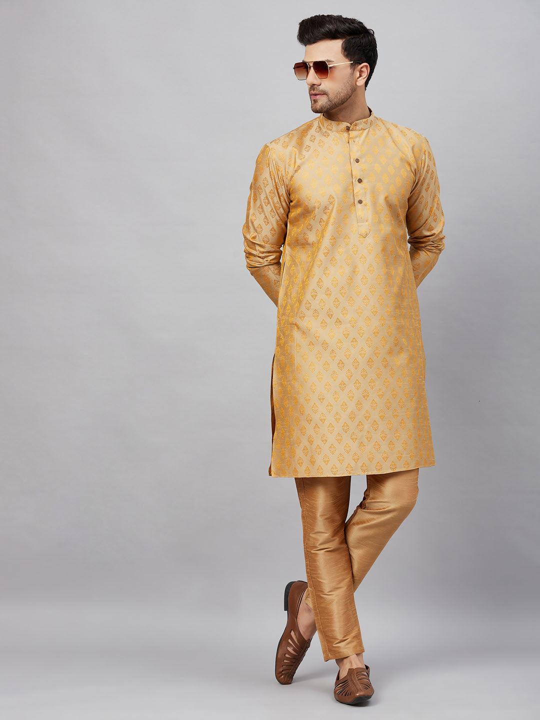 Men's Beige And Rose Gold Silk Blend Kurta Pyjama Set