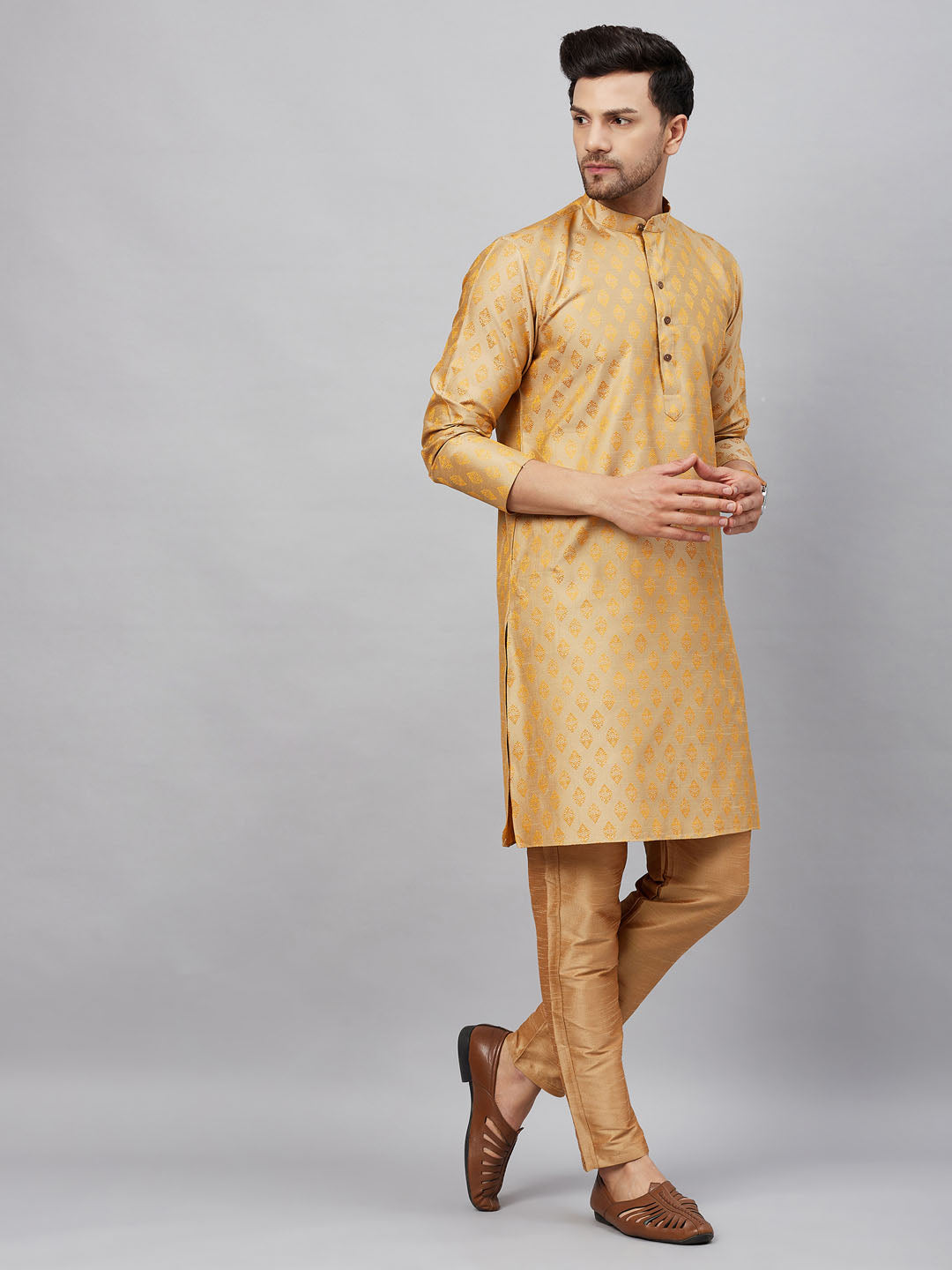 Men's Beige And Rose Gold Silk Blend Kurta Pyjama Set