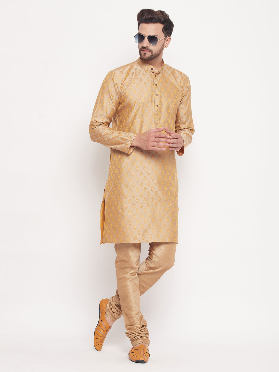 Men's Beige And Rose Gold Silk Blend Kurta Pyjama Set