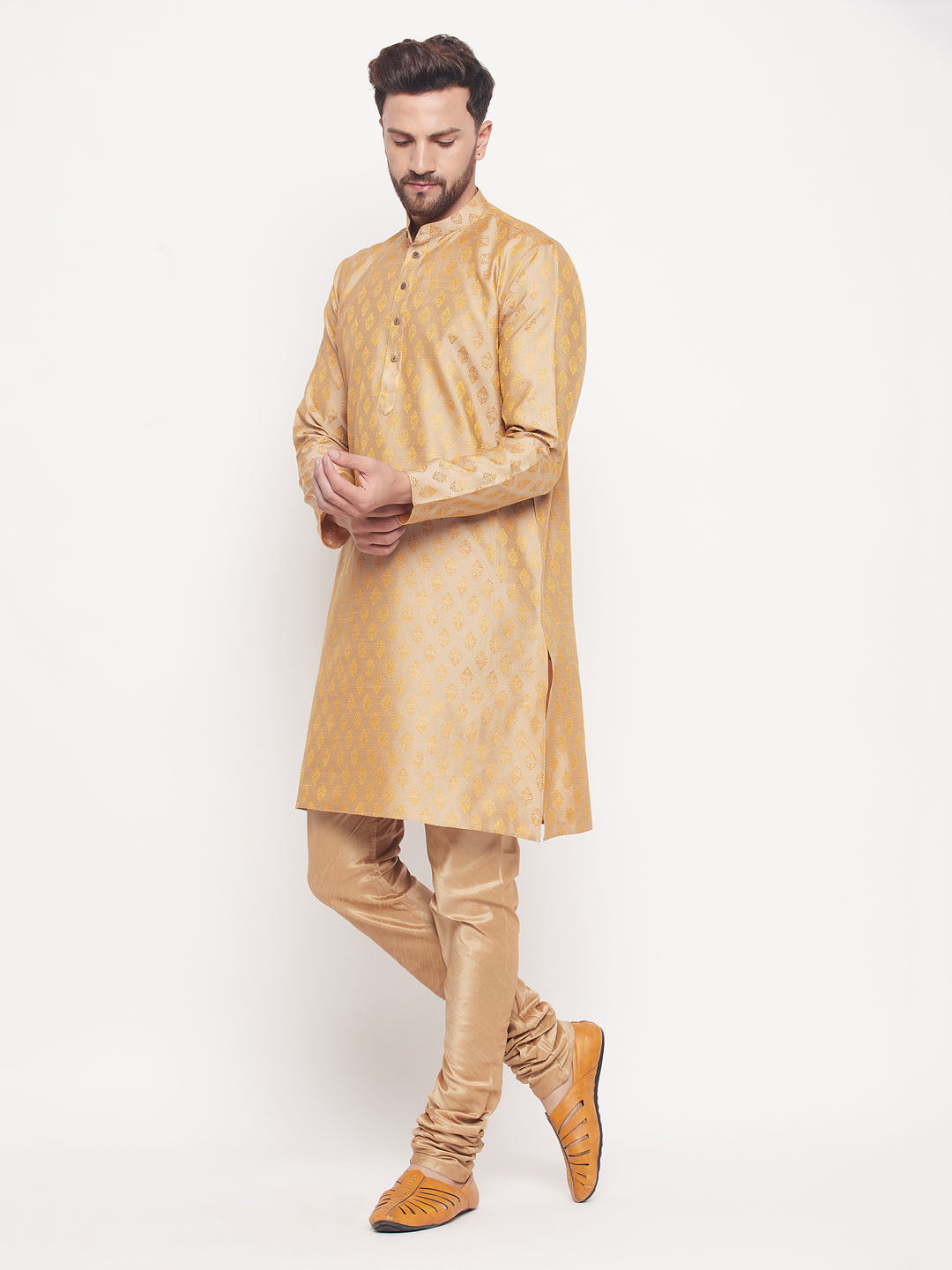 Men's Beige And Rose Gold Silk Blend Kurta Pyjama Set