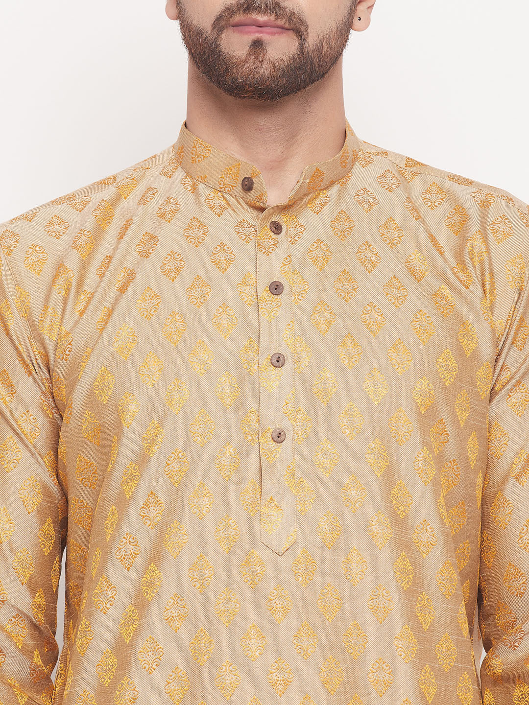 Men's Beige And Rose Gold Silk Blend Kurta Pyjama Set