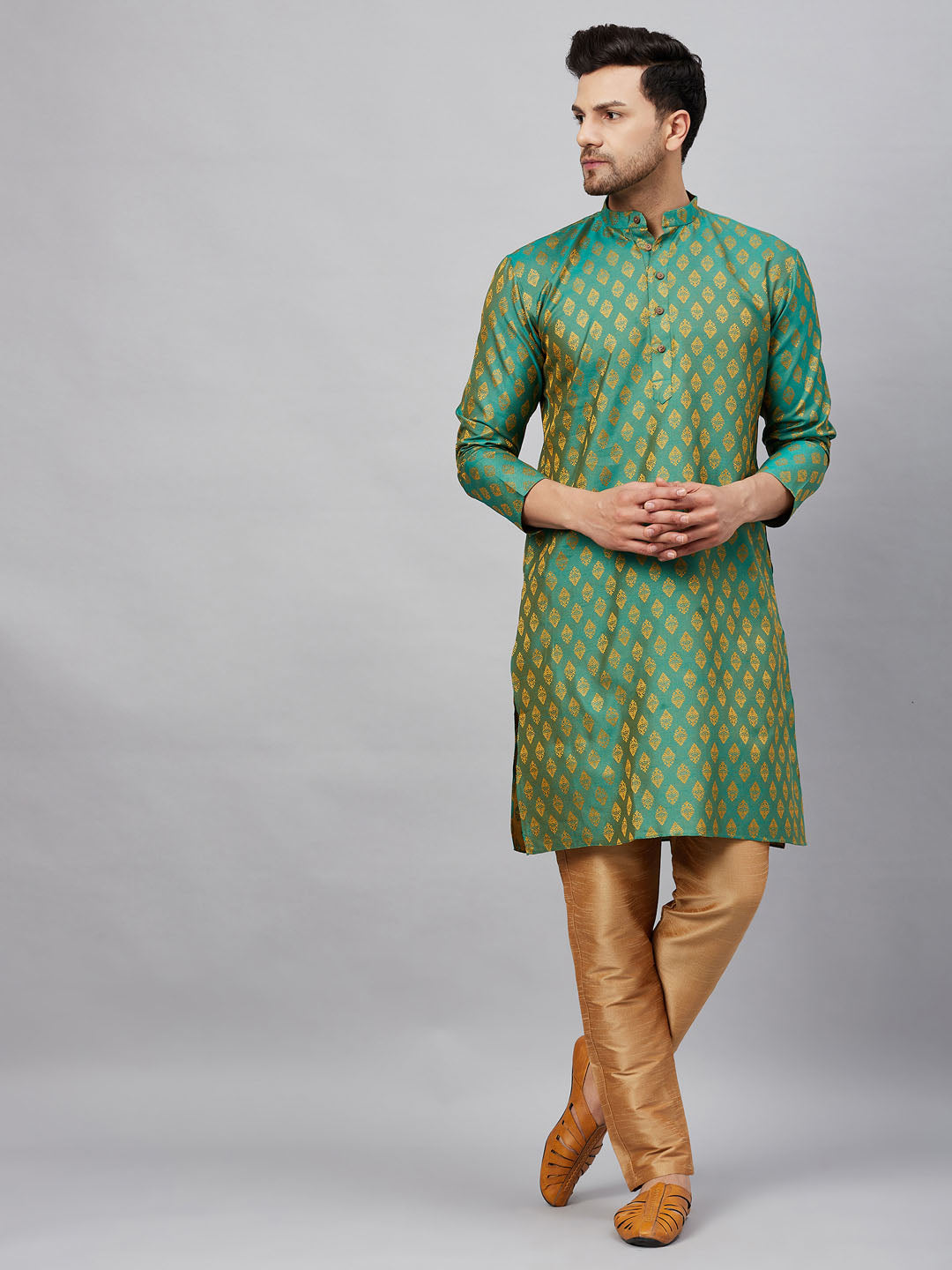 Men's Green And Rose Gold Silk Blend Kurta Pyjama Set