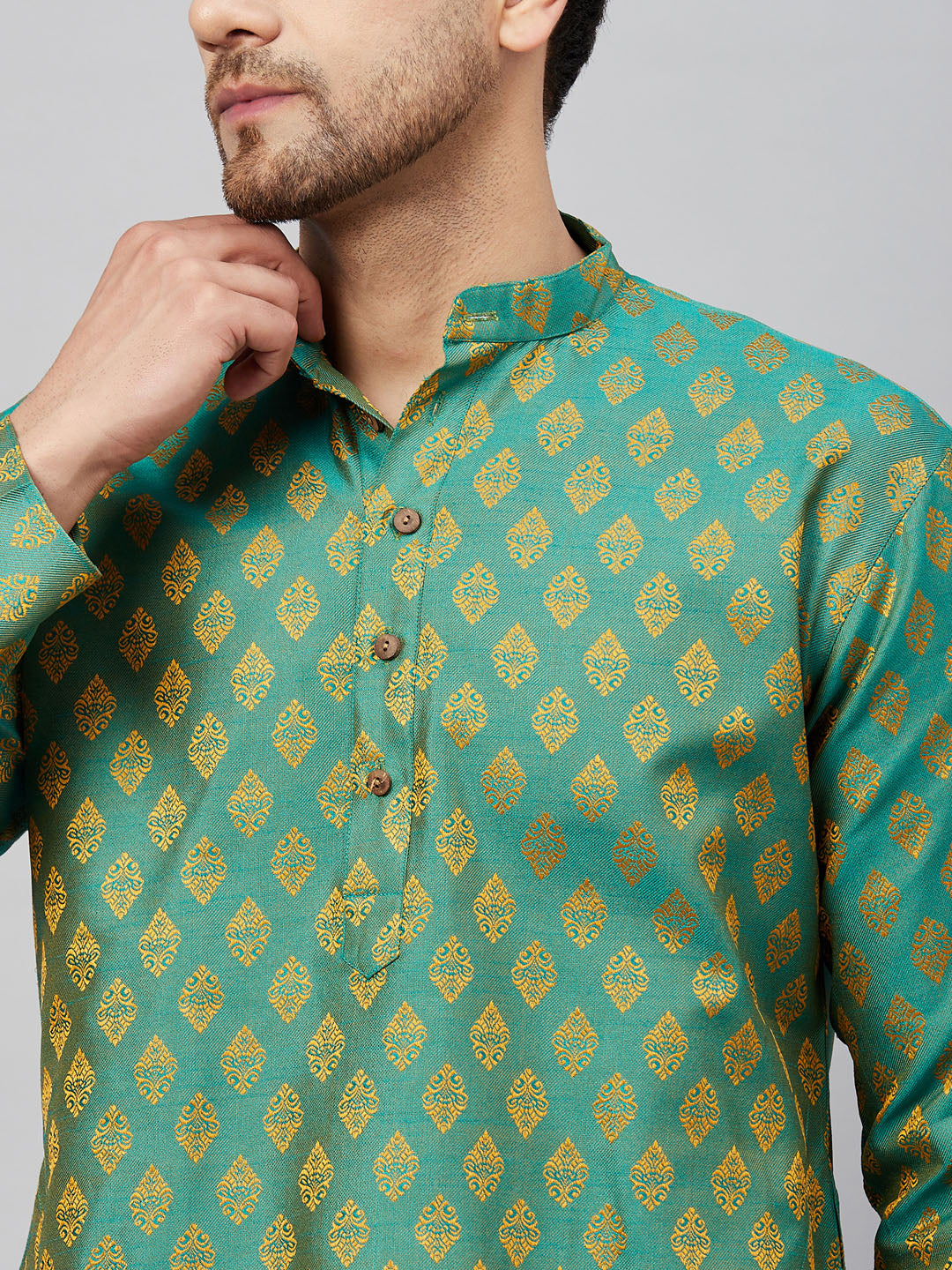 Men's Green And Rose Gold Silk Blend Kurta Pyjama Set