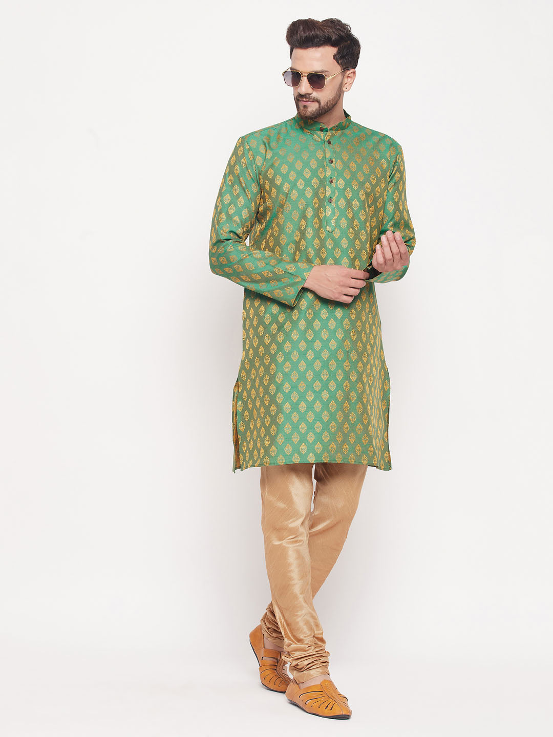 Men's Green And Rose Gold Silk Blend Kurta Pyjama Set