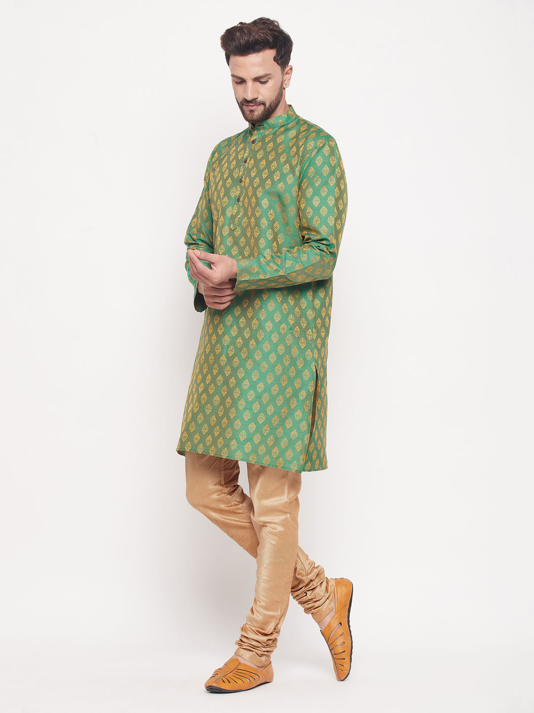 Men's Green And Rose Gold Silk Blend Kurta Pyjama Set