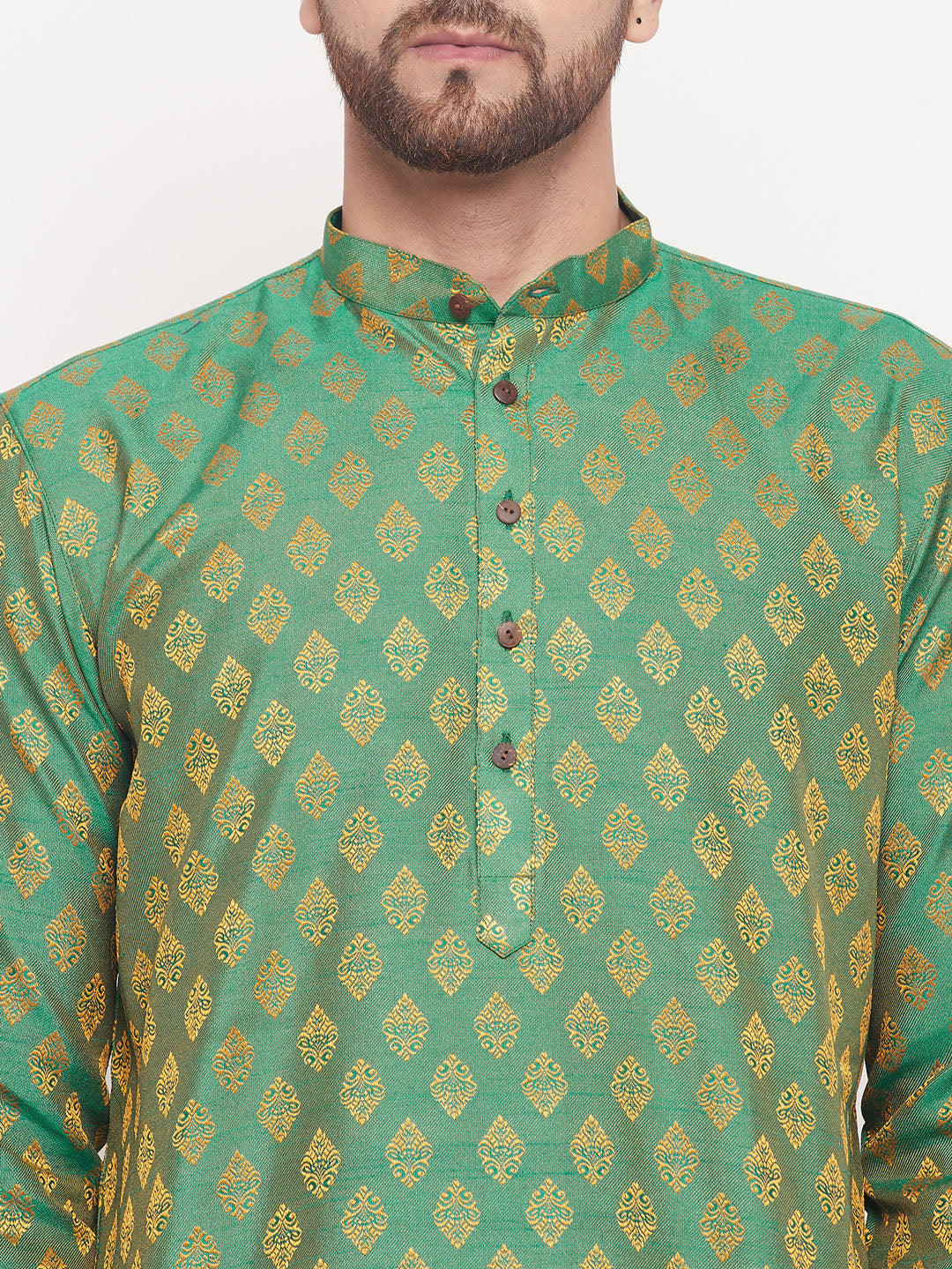 Men's Green And Rose Gold Silk Blend Kurta Pyjama Set