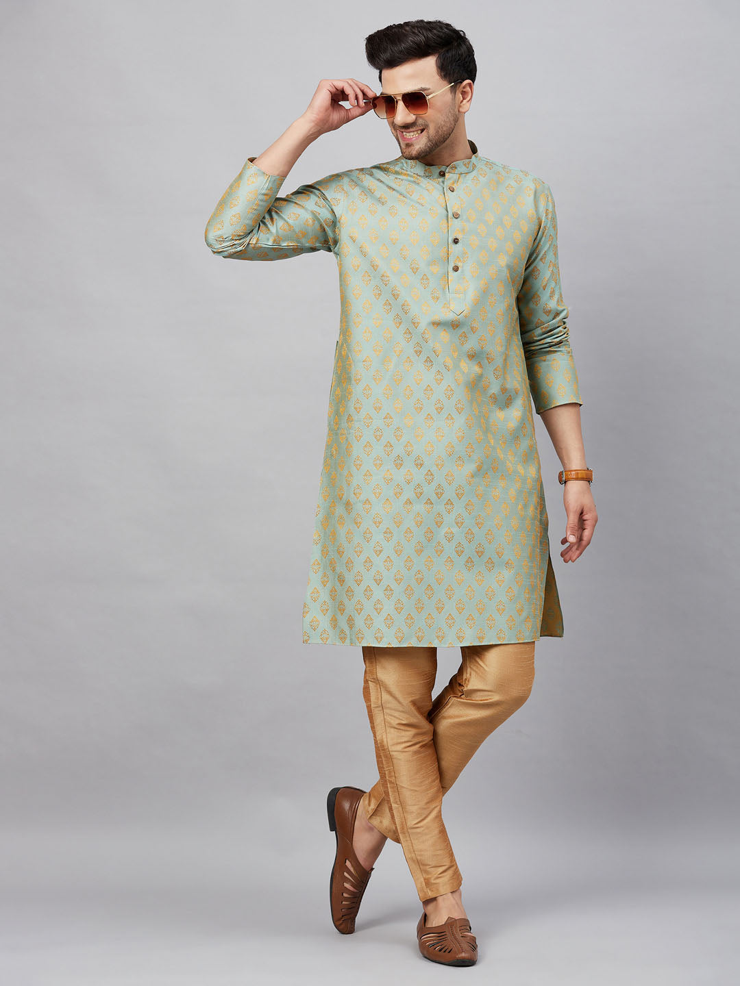 Men's Mint Green And Rose Gold Silk Blend Kurta Pyjama Set