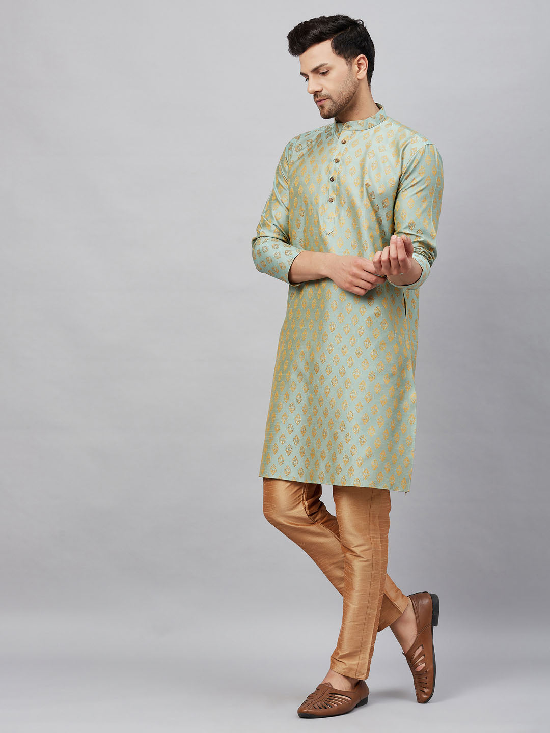 Men's Mint Green And Rose Gold Silk Blend Kurta Pyjama Set