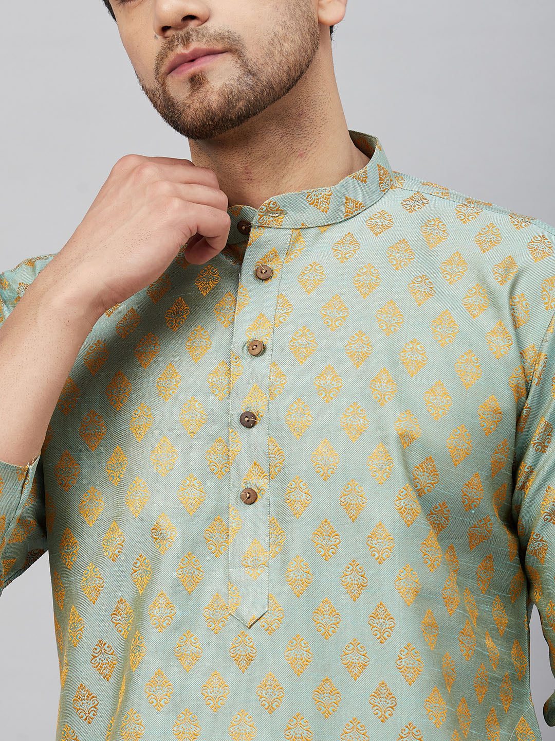 Men's Mint Green And Rose Gold Silk Blend Kurta Pyjama Set