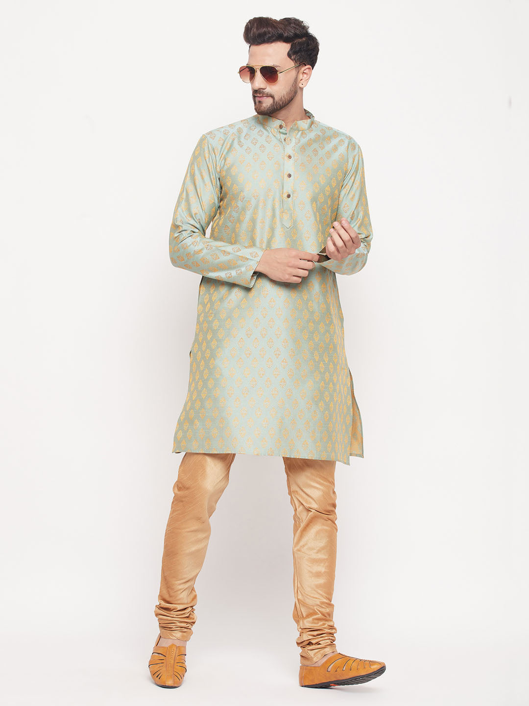 Men's Mint Green And Rose Gold Silk Blend Kurta Pyjama Set