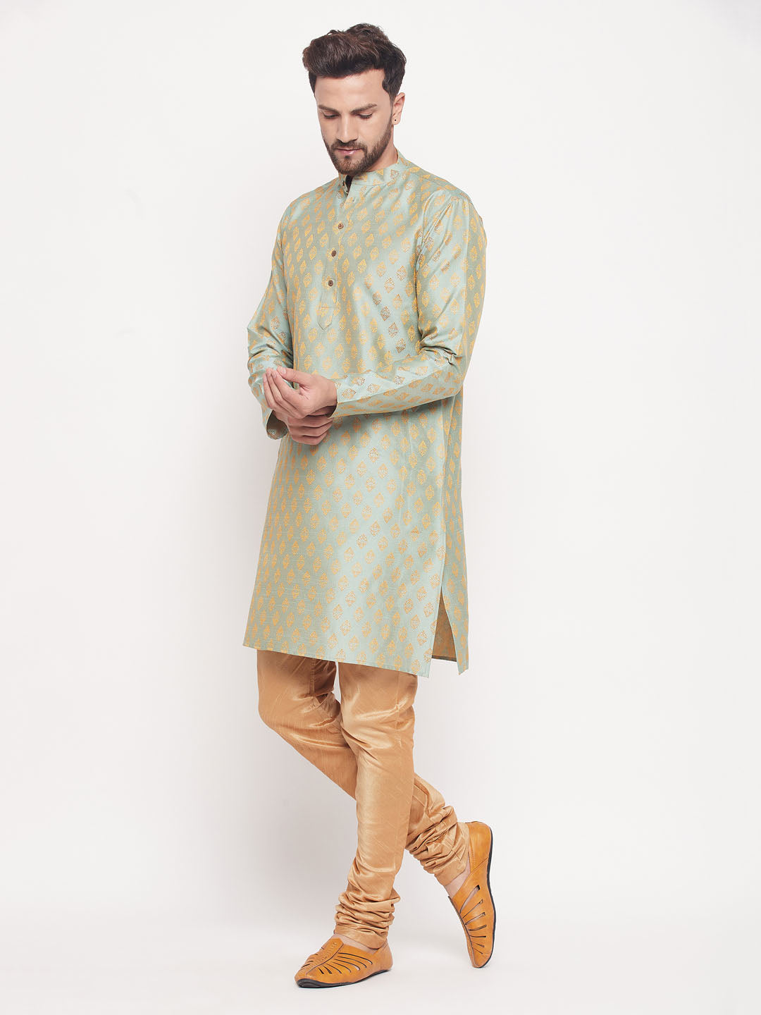 Men's Mint Green And Rose Gold Silk Blend Kurta Pyjama Set