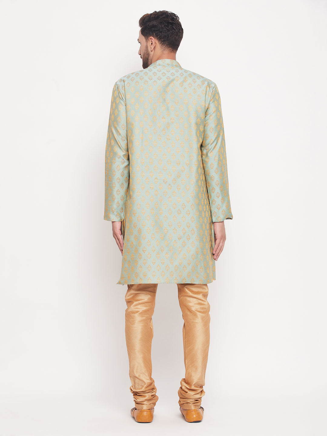 Men's Mint Green And Rose Gold Silk Blend Kurta Pyjama Set