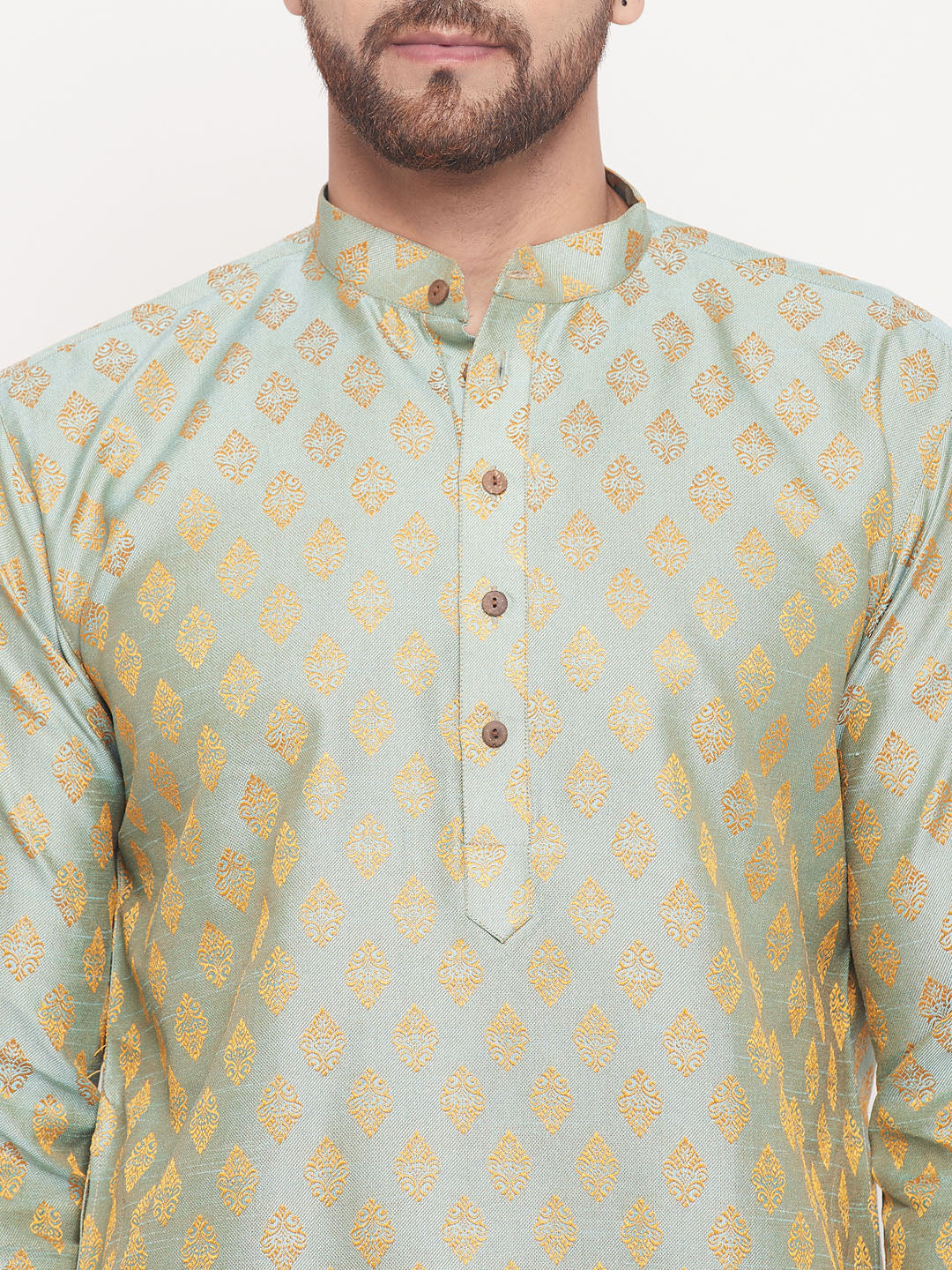 Men's Mint Green And Rose Gold Silk Blend Kurta Pyjama Set