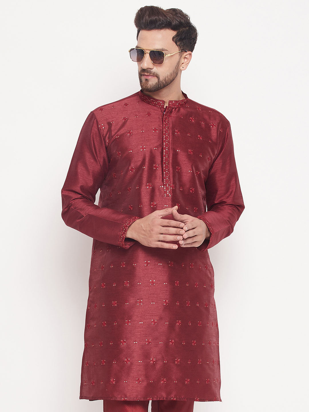 Men's Maroon Silk Blend Kurta