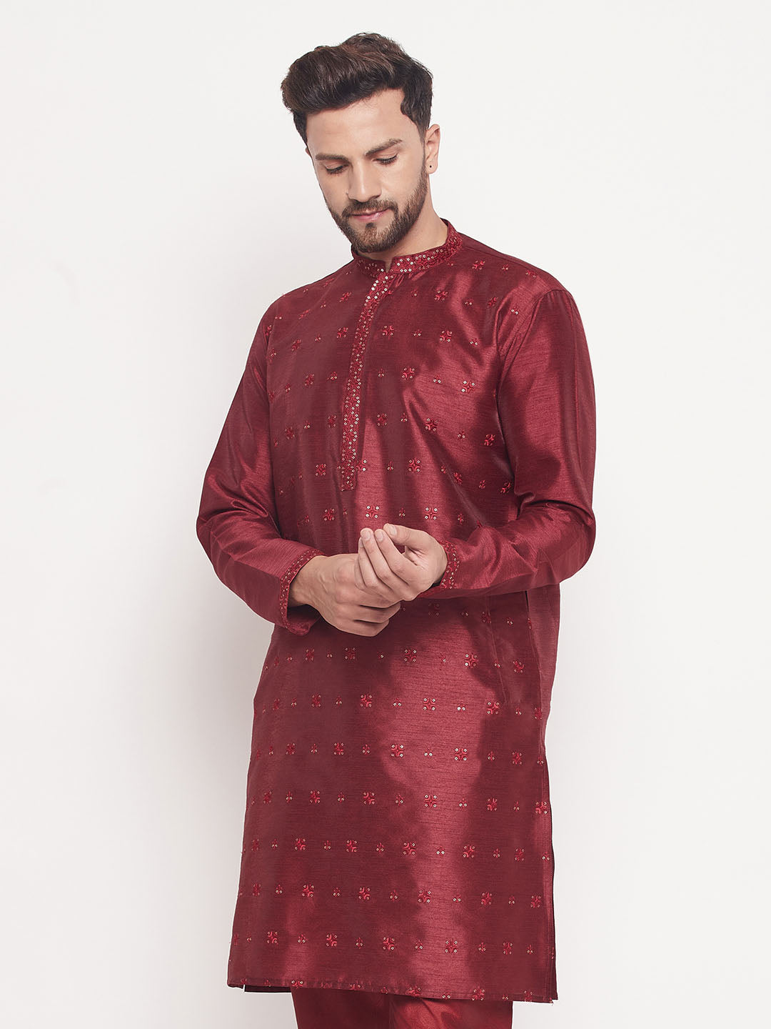 Men's Maroon Silk Blend Kurta