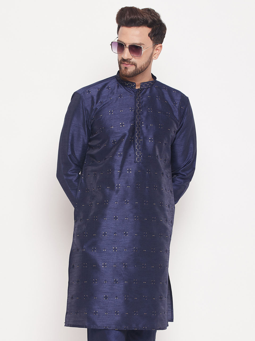 Men's Navy Blue Silk Blend Kurta