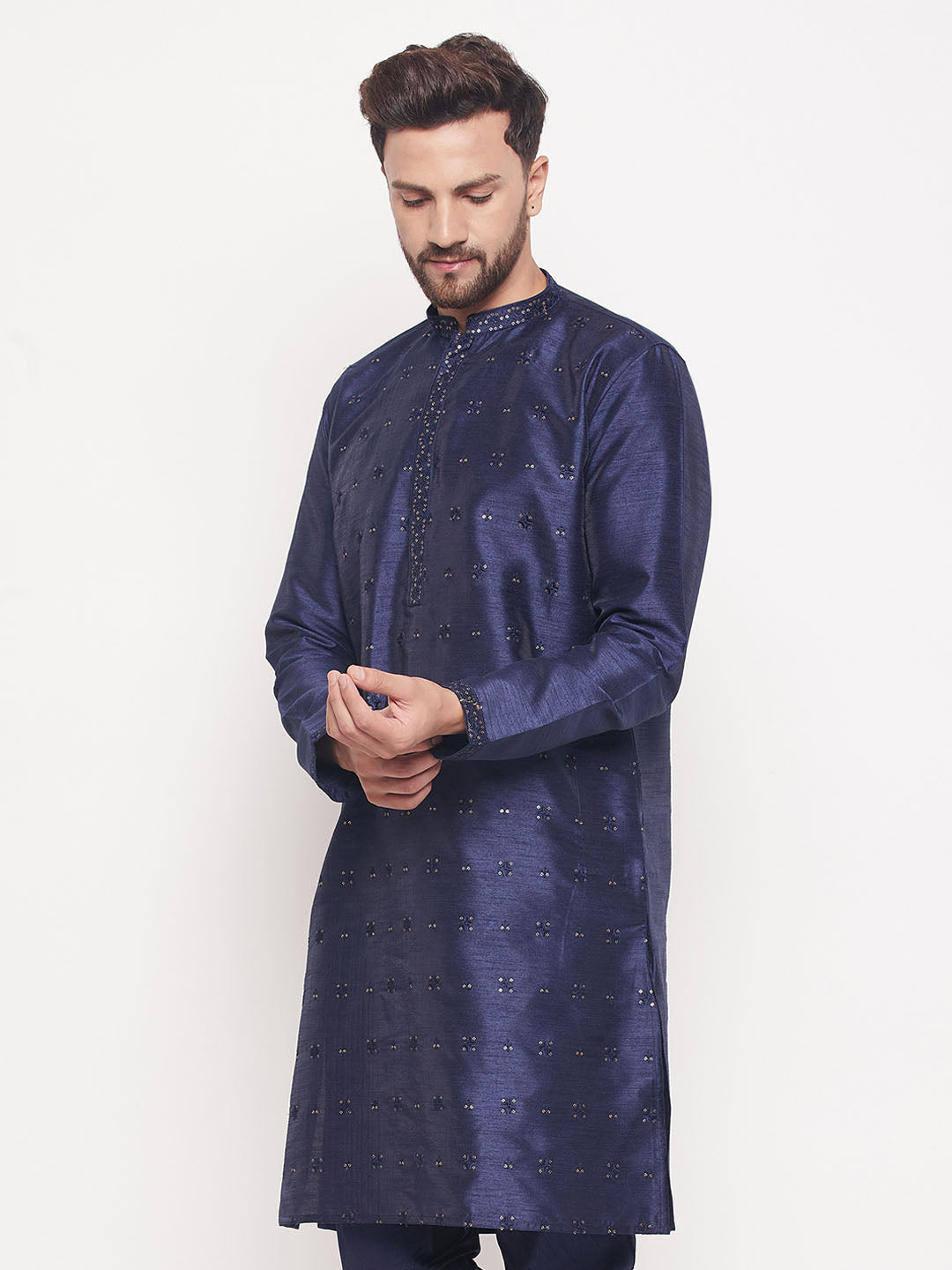 Men's Navy Blue Silk Blend Kurta