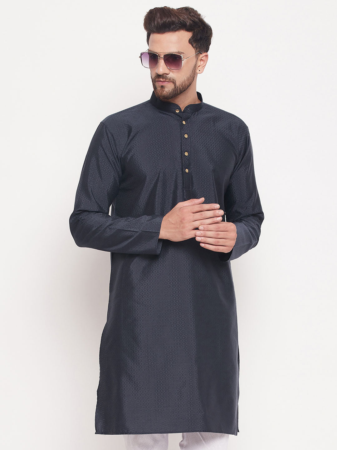 Men's Navy Blue Silk Blend Kurta