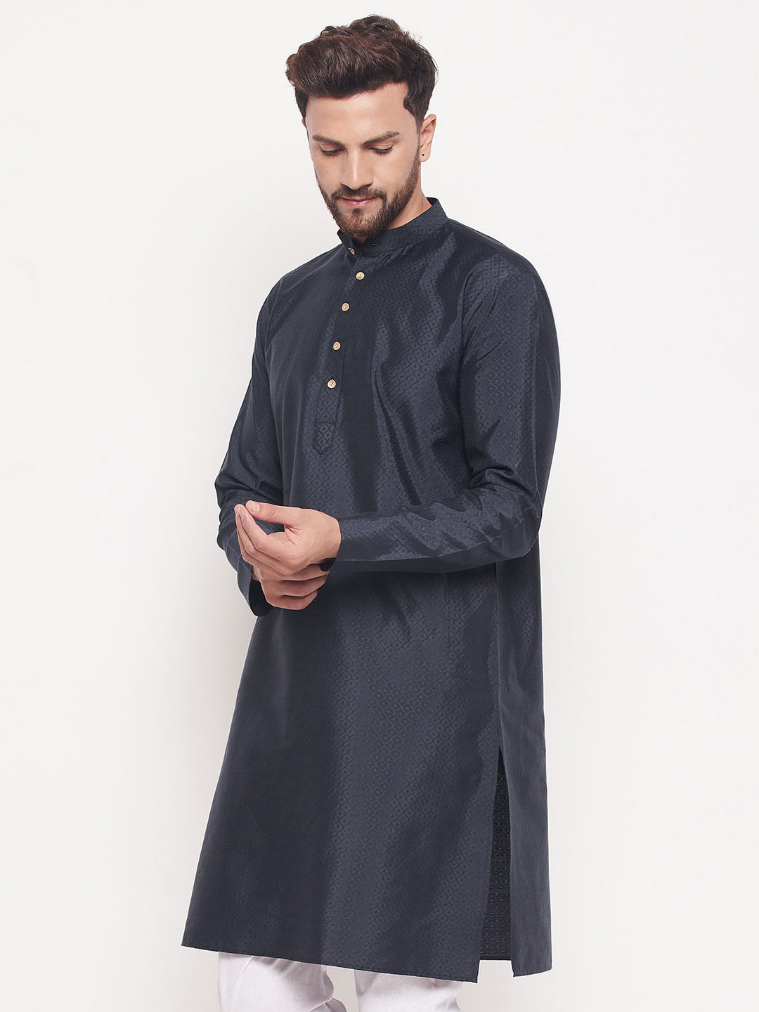 Men's Navy Blue Silk Blend Kurta