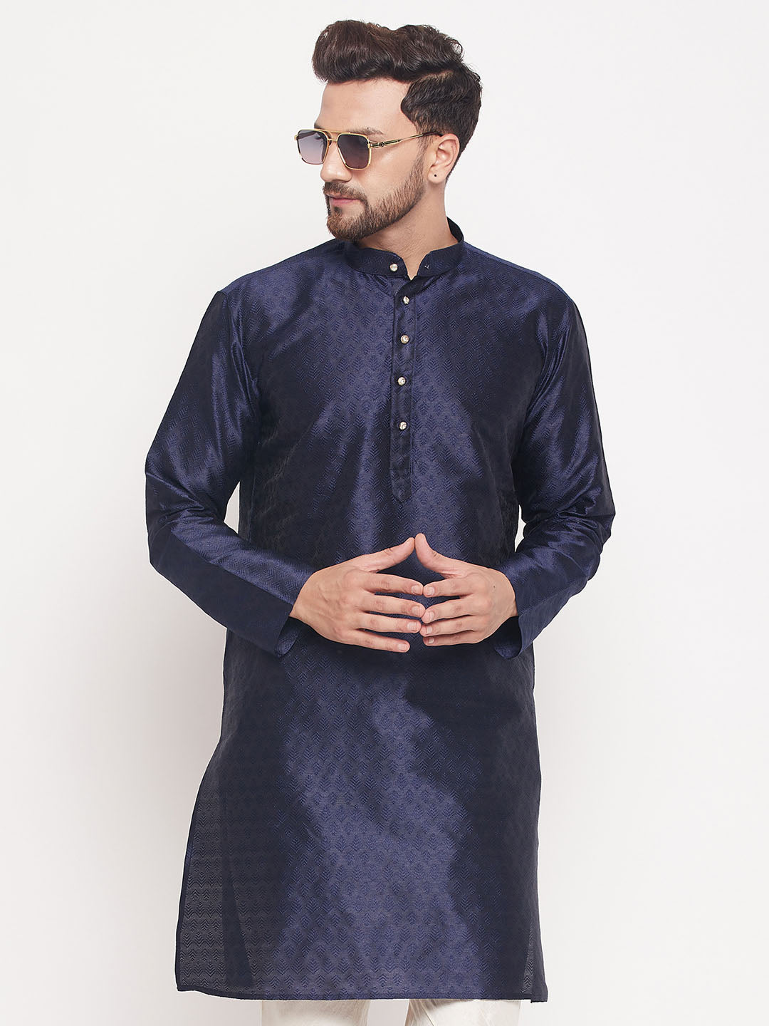 Men's Navy Blue Silk Blend Kurta