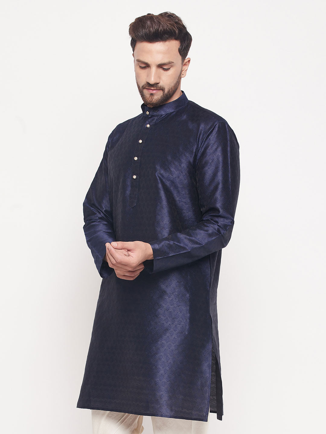 Men's Navy Blue Silk Blend Kurta