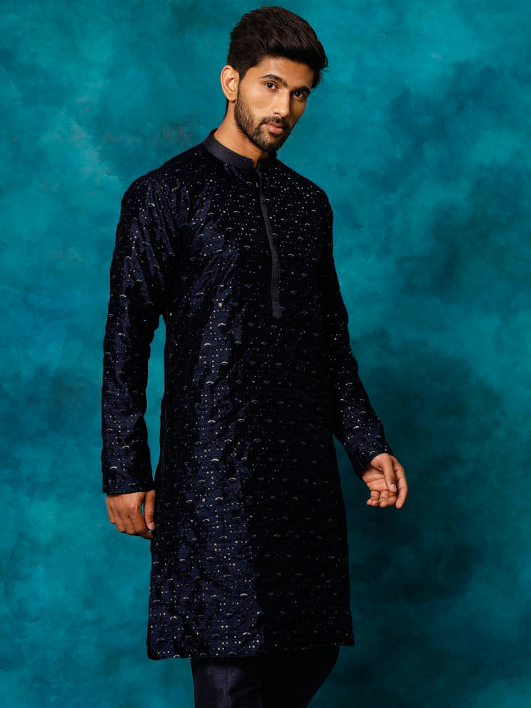 Men's Navy Blue Silk Blend Kurta