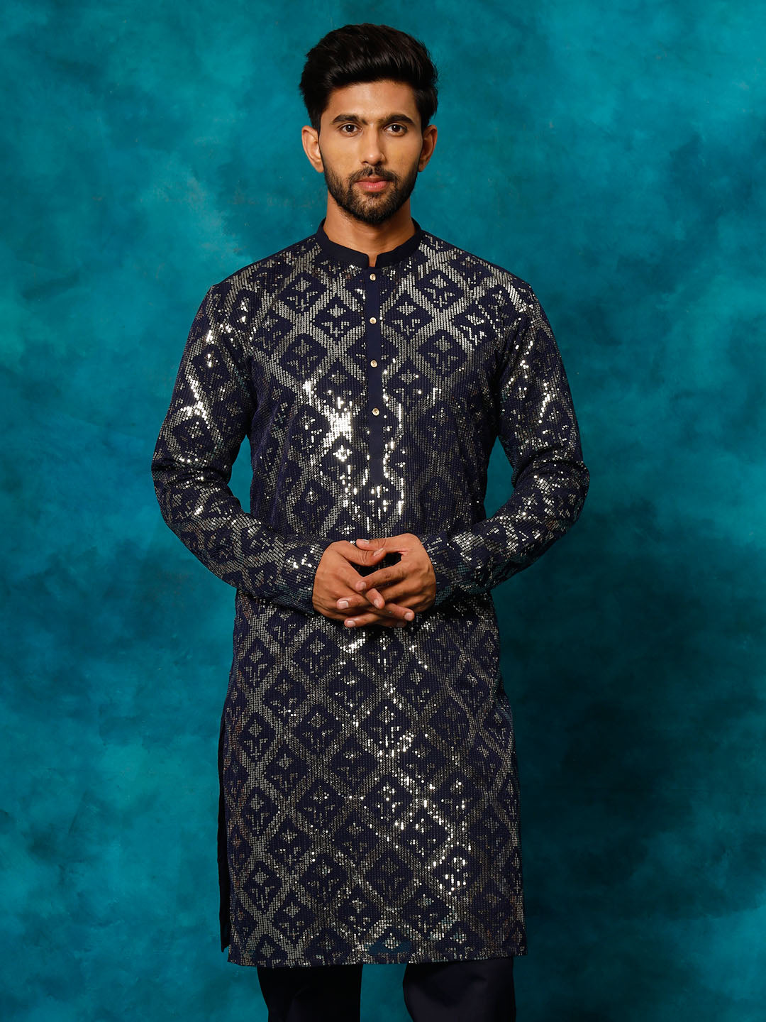 Men's Navy Blue Georgette Kurta