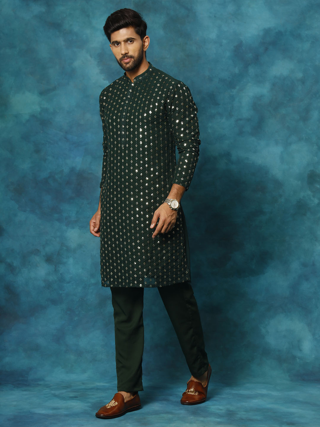 Men's Green Georgette Kurta Pyjama Set