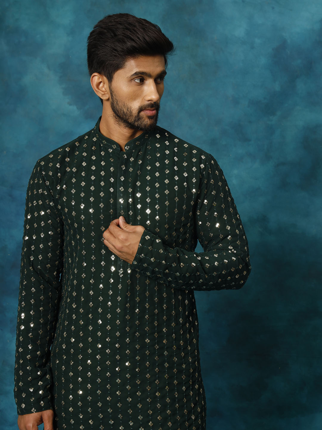 Men's Green Georgette Kurta Pyjama Set