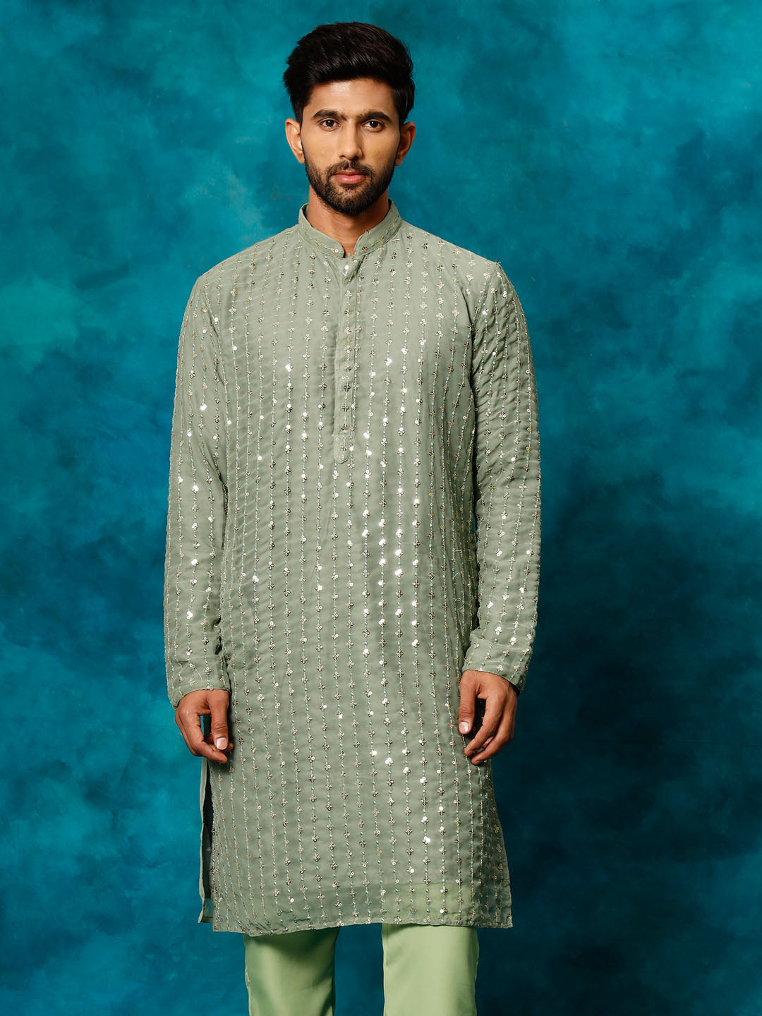 Men's Mint Green Georgette Kurta