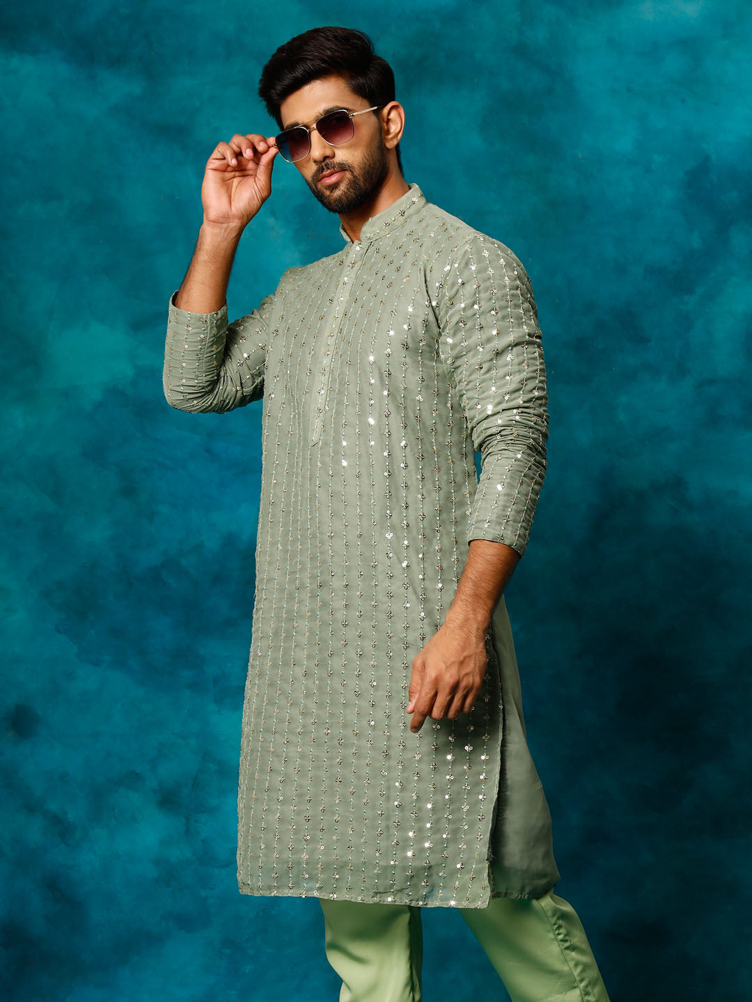 Men's Mint Green Georgette Kurta