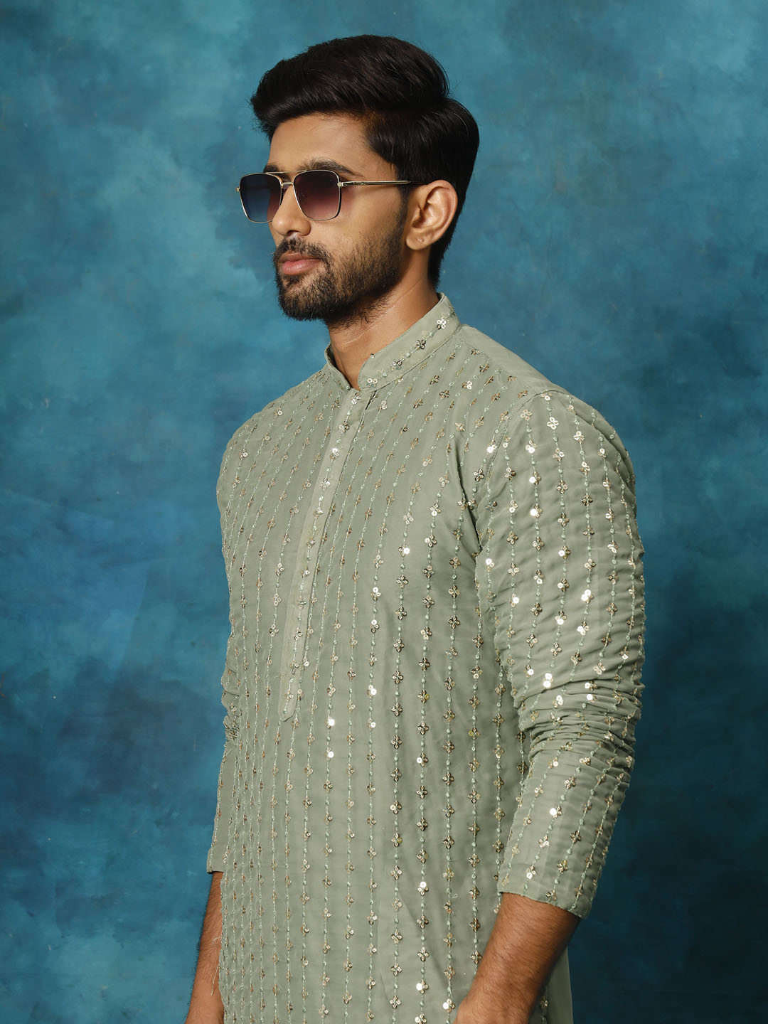 Men's Mint Green Georgette Kurta Pyjama Set