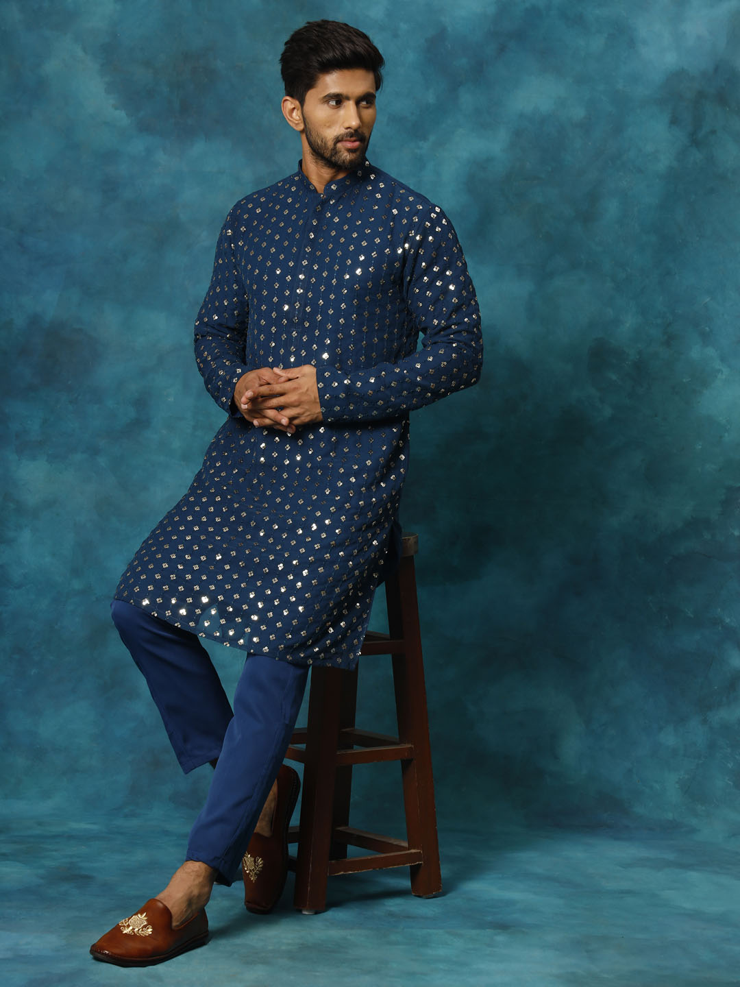 Men's Navy Blue Georgette Kurta Pyjama Set