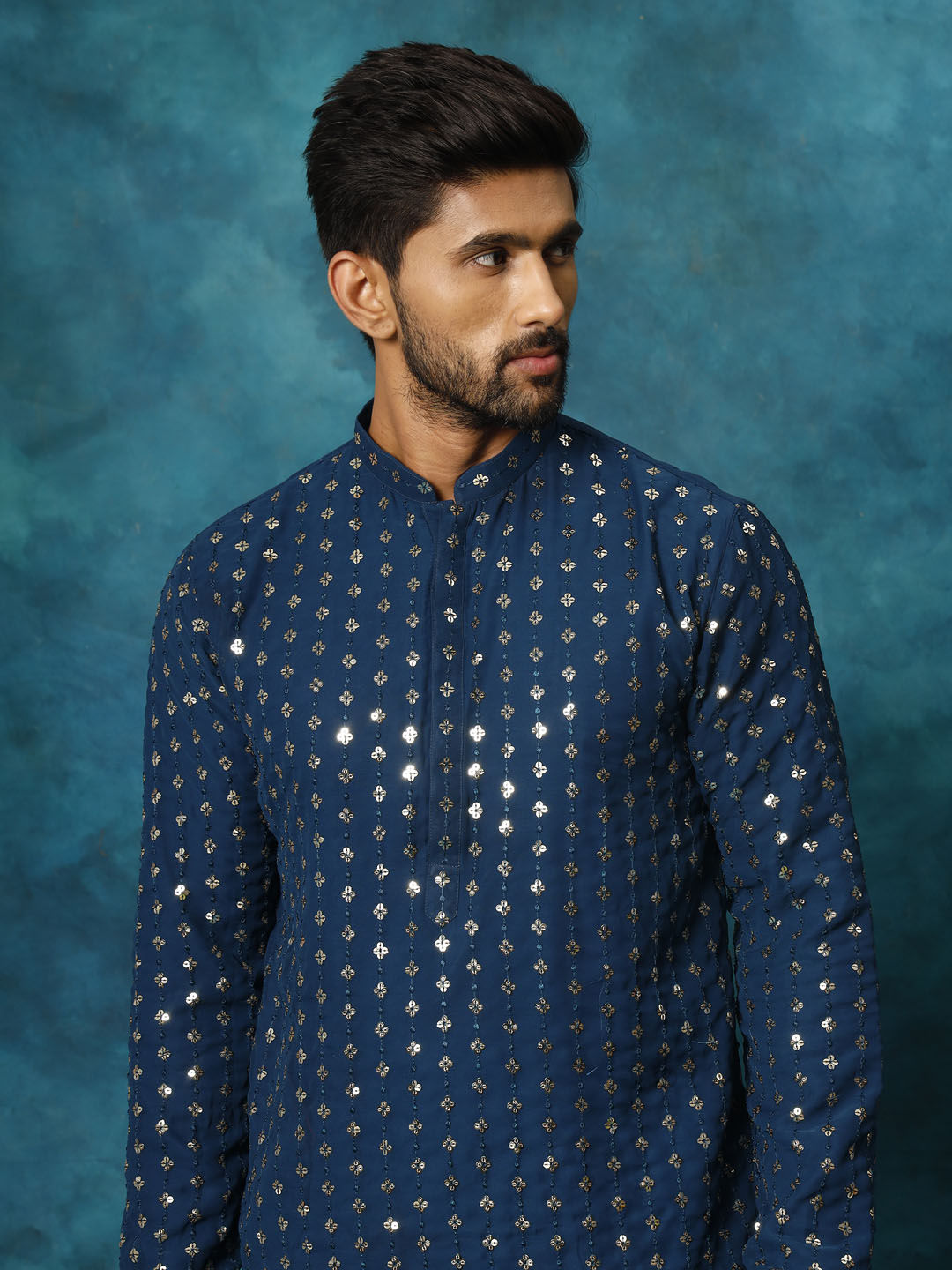 Men's Navy Blue Georgette Kurta Pyjama Set